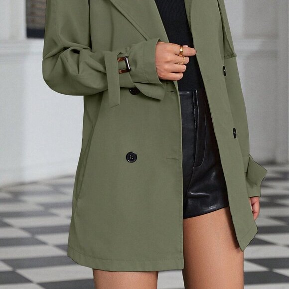 Army Green Casual Women's Raglan Sleeve Double Breasted Belted Trench Coat - Picture 4 of 4